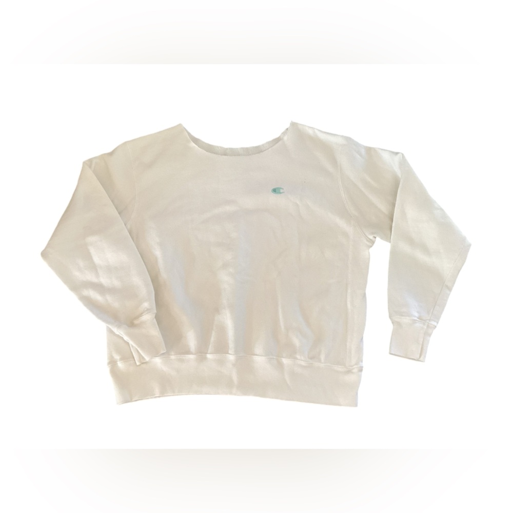 Champion Reverse Weave Sweatshirt White Blue Custom Scoop Neck Womens Medium